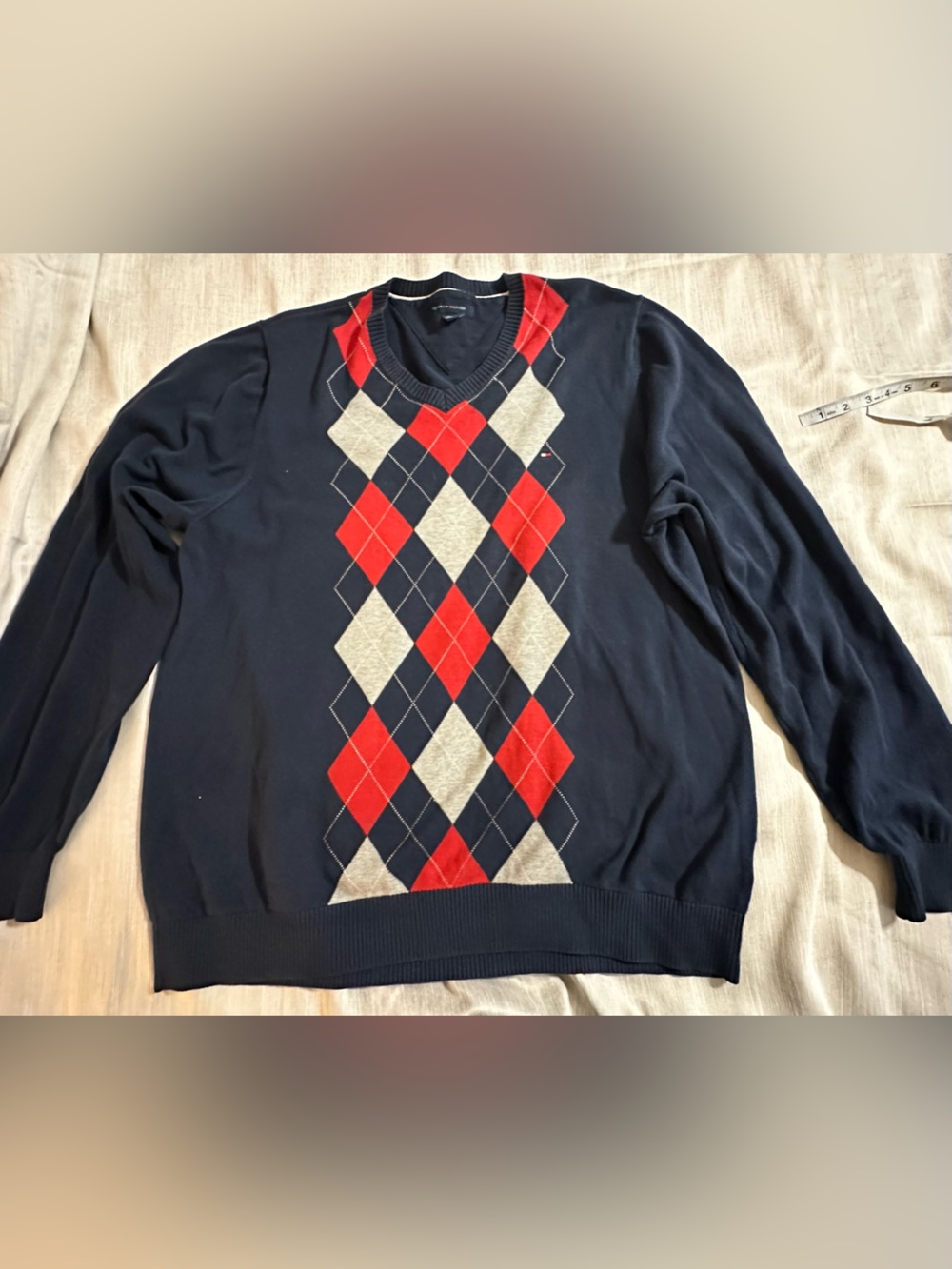 Tommy Hilfiger Men's Navy Argyle V-Neck Sweater XXL